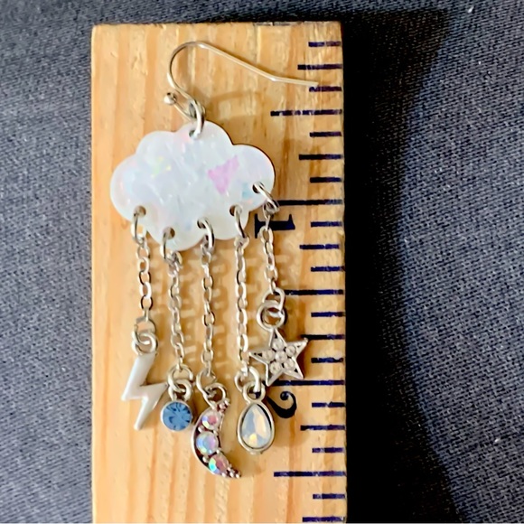 Silver Cloud Moon Star Lightning Bolt Swarovski AB Crystal Chandelier Earrings - Picture 6 of 9